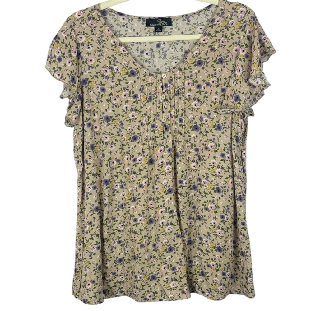 Suzanne Betro Tan Delicate Floral Pattern Soft Ruffled Short Sleeve Blouse
